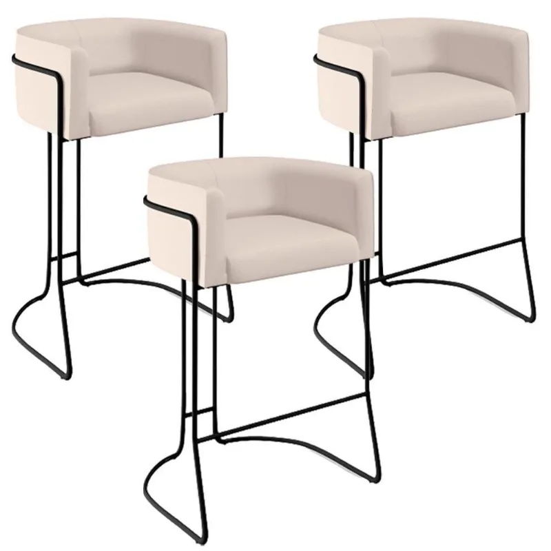 Kit 03 Banquetas Fixa Preto Veludo Bege C-309 - Lyam Decor