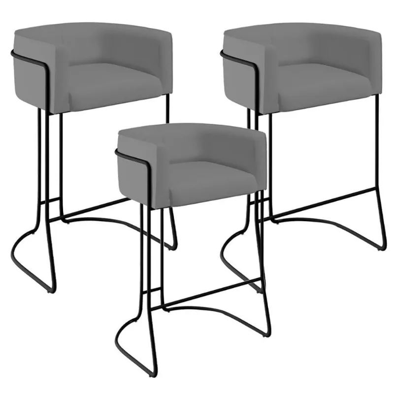 Kit 03 Banquetas Fixa Preto Veludo Cinza C-317 - Lyam Decor