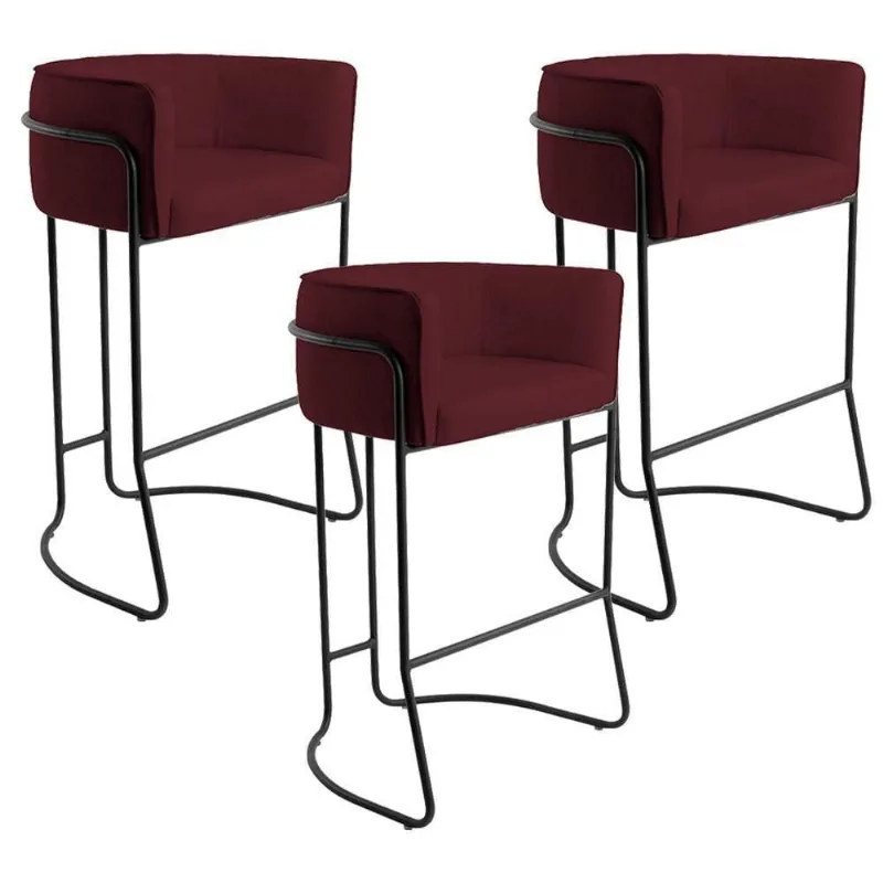 Kit 03 Banquetas Fixa Preto Veludo Marsala C-278 - Lyam Decor
