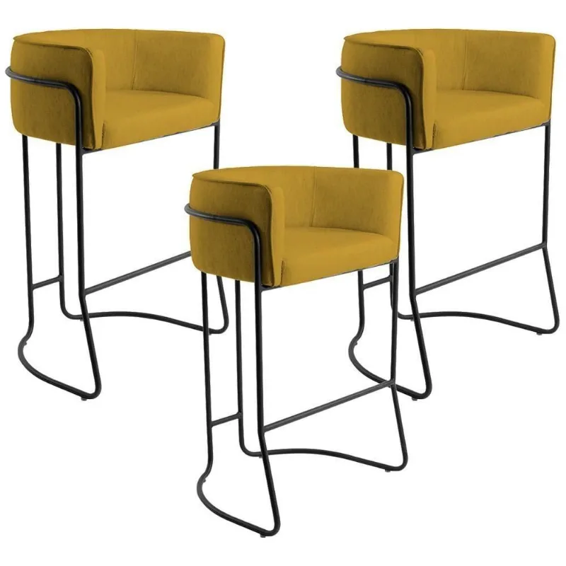 Kit 03 Banquetas Fixa Preto Veludo Mostarda C-279 - Lyam Decor