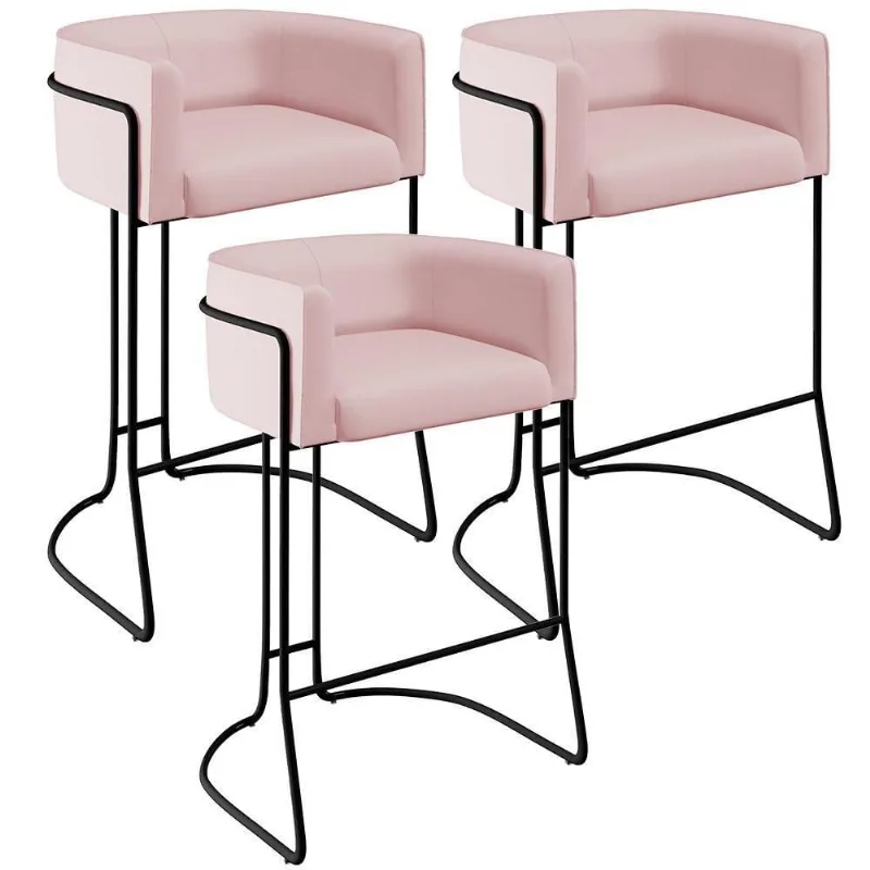 Kit 03 Banquetas Fixa Preto Veludo Rosê C-305 - Lyam Decor