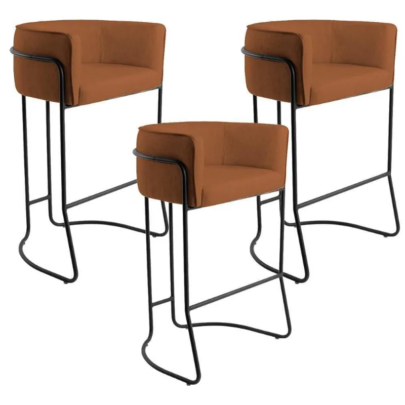 Kit 03 Banquetas Fixa Preto Veludo Telha C-262 - Lyam Decor