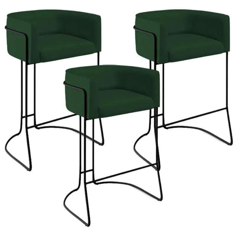 Kit 03 Banquetas Fixa Preto Veludo Verde Musgo C-303 - Lyam Decor