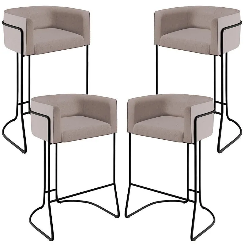 Kit 04 Banquetas Fixa Preto Linho Bege C-107 - Lyam Decor