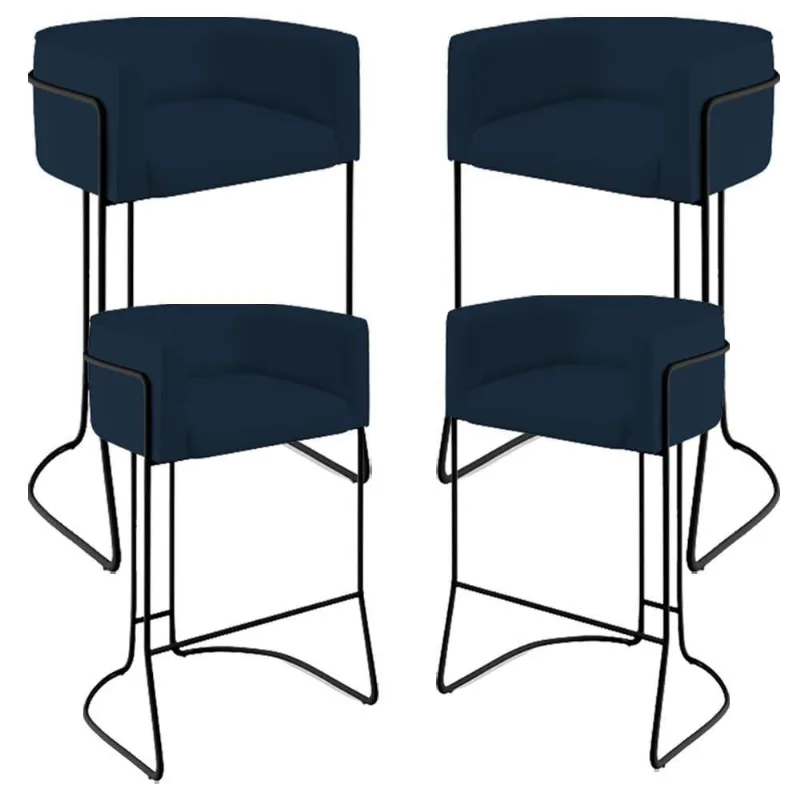 Kit 04 Banquetas Fixa Preto Veludo Azul Oxford C-304 - Lyam Decor