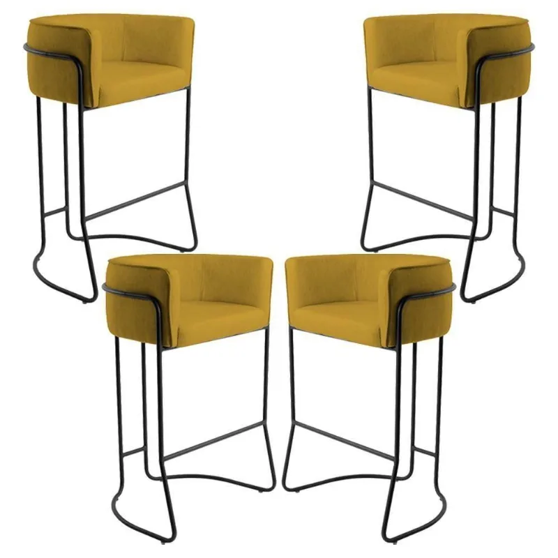Kit 04 Banquetas Fixa Preto Veludo Mostarda C-279 - Lyam Decor