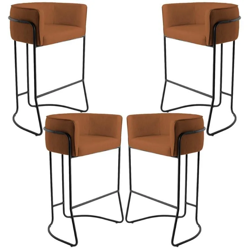 Kit 04 Banquetas Fixa Preto Veludo Telha C-262 - Lyam Decor