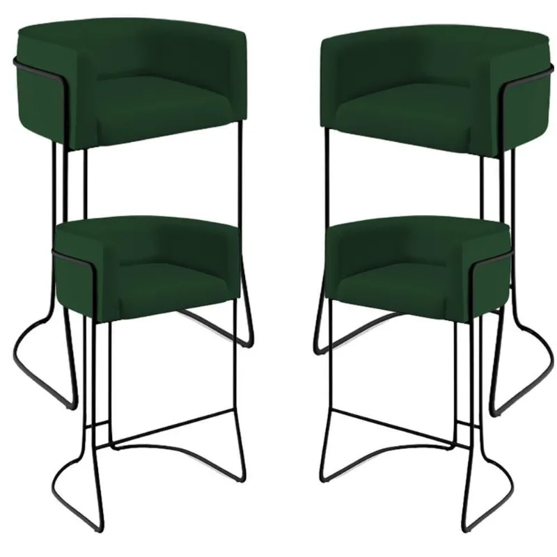 Kit 04 Banquetas Fixa Preto Veludo Verde Musgo C-303 - Lyam Decor
