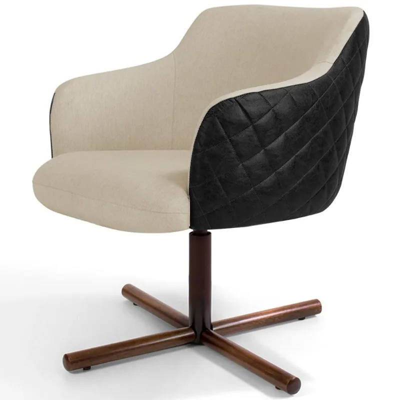 Poltrona Decorativa Giratória Base X Jade D02 Linho Bege C-129 Tressê Corano Preto - Lyam Decor - Lyam Decor
