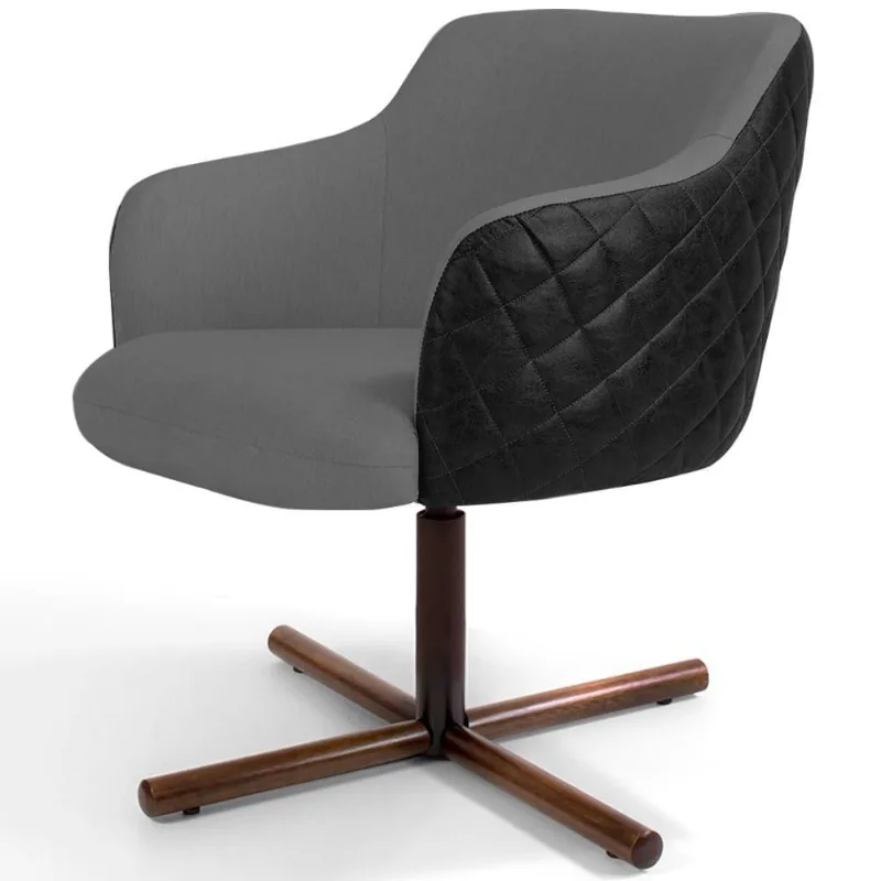 Poltrona Decorativa Giratória Base X Jade D02 Linho Cinza C-416 Tressê Corano Preto - Lyam Decor - Lyam Decor