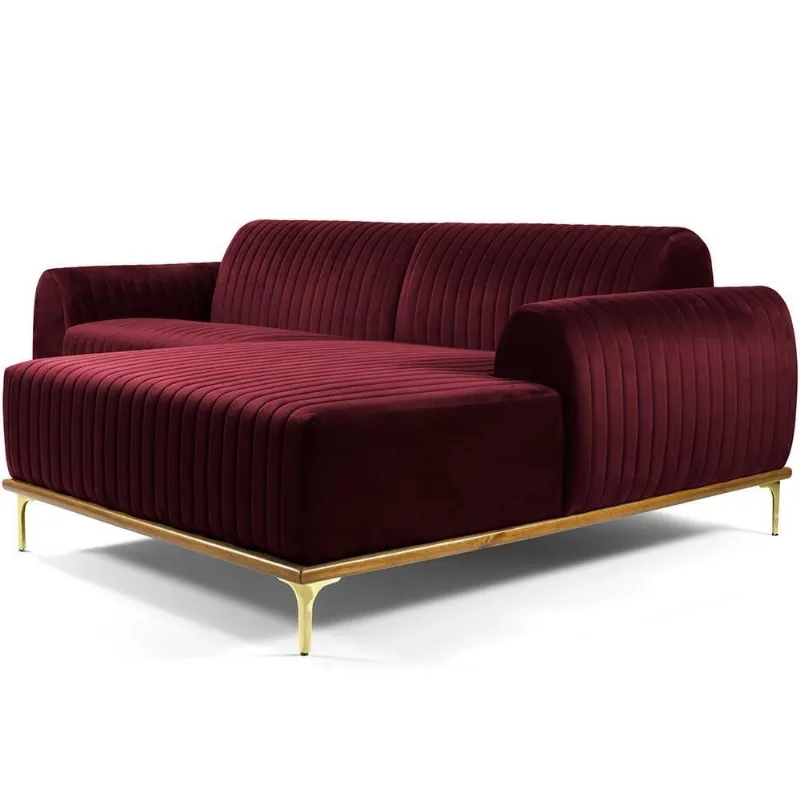 Sofá 5 Lugares com Chaise Direito Para Sala Molino 300 cm D02 Veludo Marsala C-278 - Lyam Decor - Lyam Decor
