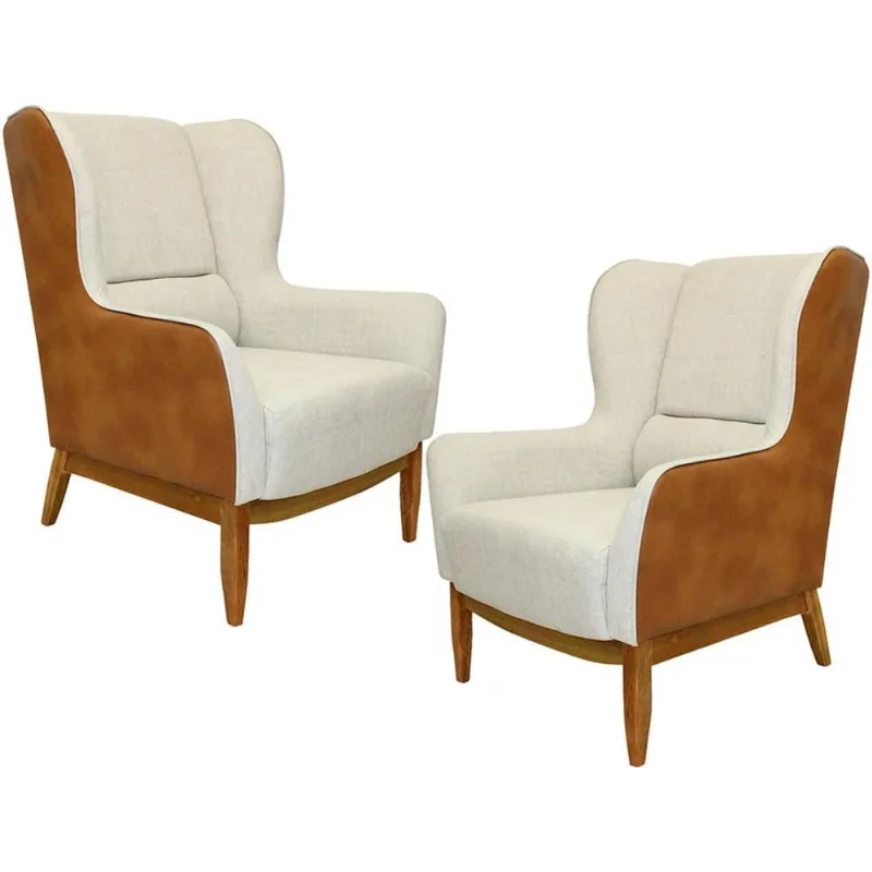 Kit 02 Poltronas Decorativa Base de Madeira Milena D02 Linho Bege A-184 Corano Marrom - Lyam Decor - Lyam Decor