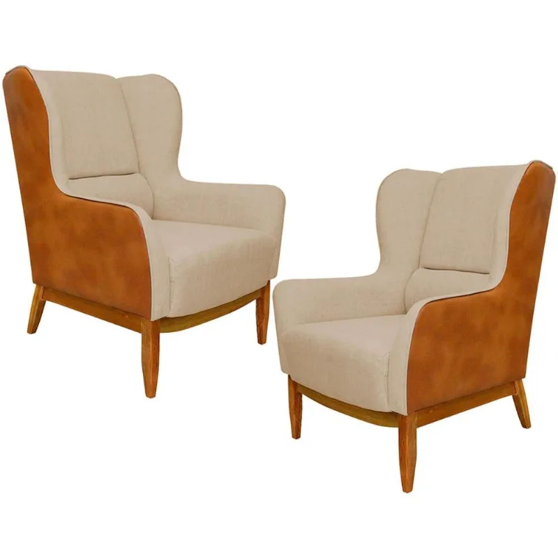 Kit 02 Poltronas Decorativa Base de Madeira Milena D02 Linho Bege C-129 Corano Marrom - Lyam Decor - Lyam Decor