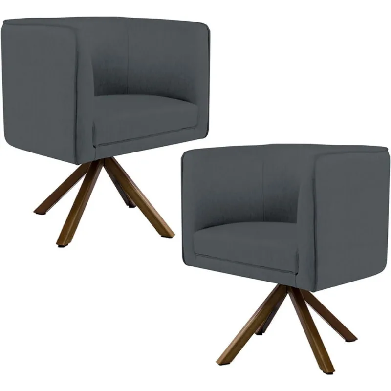 Kit 02 Poltronas Decorativa Base Giratória de Madeira Betina D02 Corano Cinza C-03 - Lyam Decor - Lyam Decor