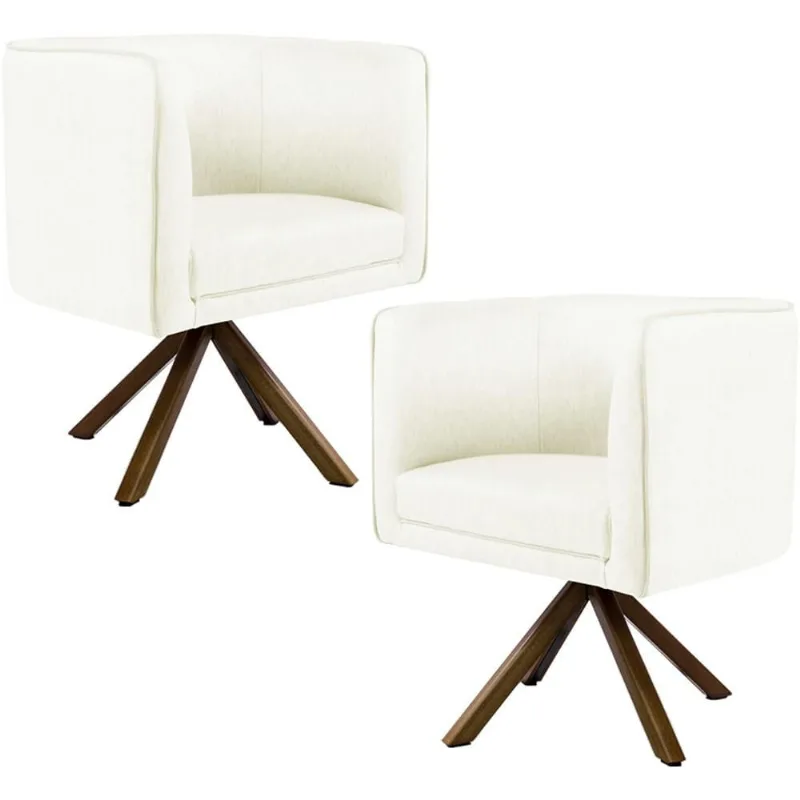 Kit 02 Poltronas Decorativa Base Giratória de Madeira Betina D02 Linho Bege C-107 - Lyam Decor - Lyam Decor