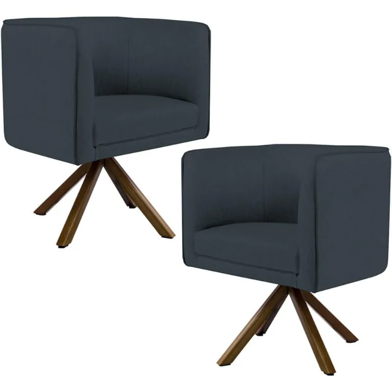 Kit 02 Poltronas Decorativa Base Giratória de Madeira Betina D02 Linho Chumbo D-465 - Lyam Decor - Lyam Decor