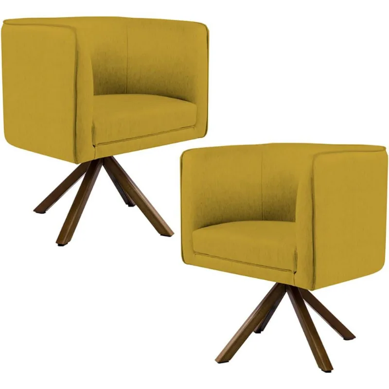 Kit 02 Poltronas Decorativa Base Giratória de Madeira Betina D02 Veludo Mostarda C-279 - Lyam Decor - Lyam Decor