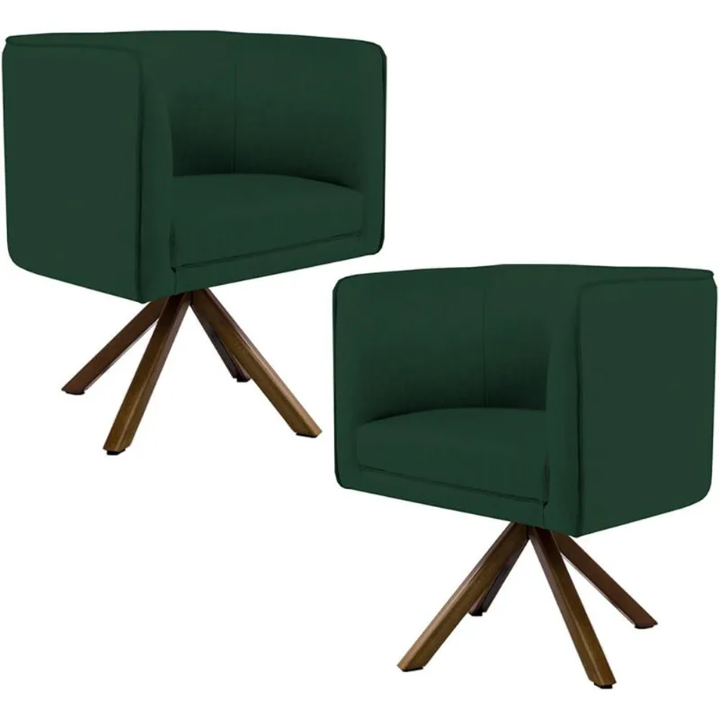 Kit 02 Poltronas Decorativa Base Giratória Madeira Betina D02 Linho Verde Musgo C-117 - Lyam Decor - Lyam Decor