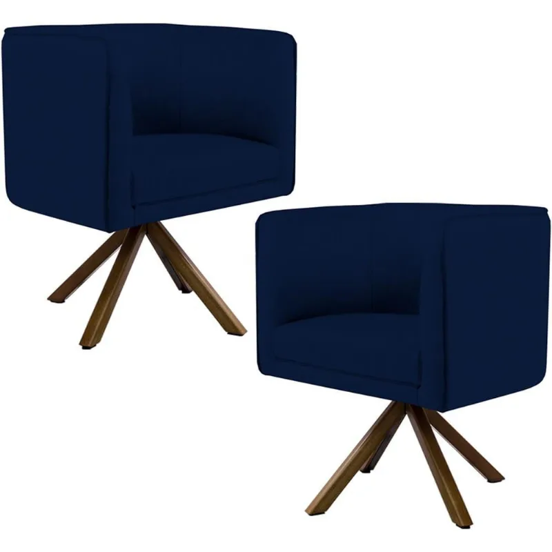 Kit 02 Poltronas Decorativa Base Giratória Madeira Betina D02 Veludo Azul Oxford C-304 - Lyam Decor - Lyam Decor