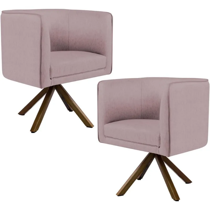 Kit 02 Poltronas Decorativa Base Giratória Madeira Betina D02 Veludo Rosê C-305 - Lyam Decor - Lyam Decor