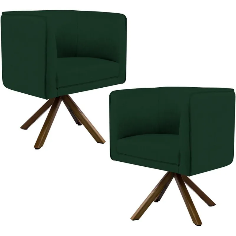 Kit 02 Poltronas Decorativa Base Giratória Madeira Betina D02 Veludo Verde Musgo C-303 - Lyam Decor - Lyam Decor