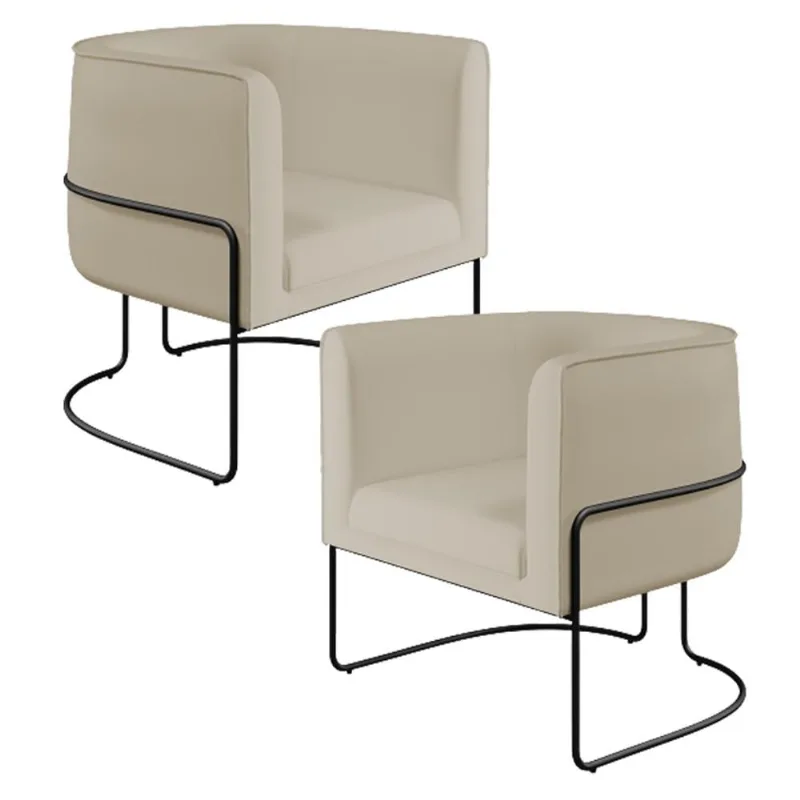 Kit 02 Poltronas Decorativas Fixa Base de Aço Preto Betina D02 Corano Bege C-26 - Lyam Decor - Lyam Decor