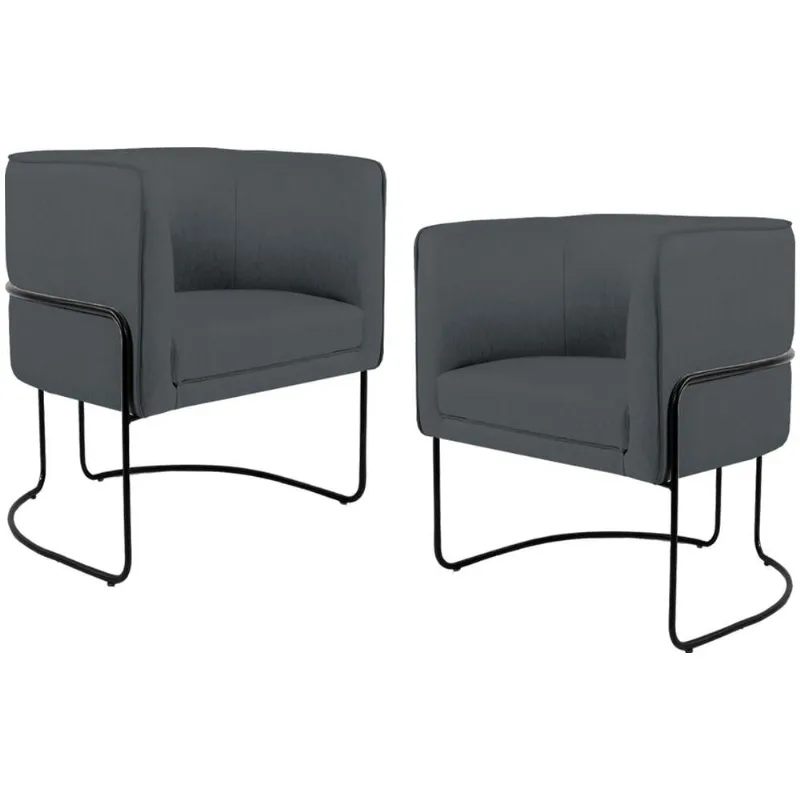 Kit 02 Poltronas Decorativas Fixa Base de Aço Preto Betina D02 Corano Cinza C-03 - Lyam Decor - Lyam Decor