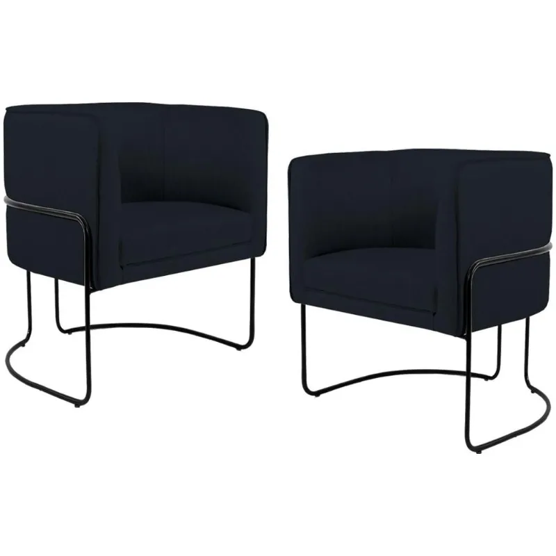 Kit 02 Poltronas Decorativas Fixa Base de Aço Preto Betina D02 Corano Preto C-05 - Lyam Decor - Lyam Decor
