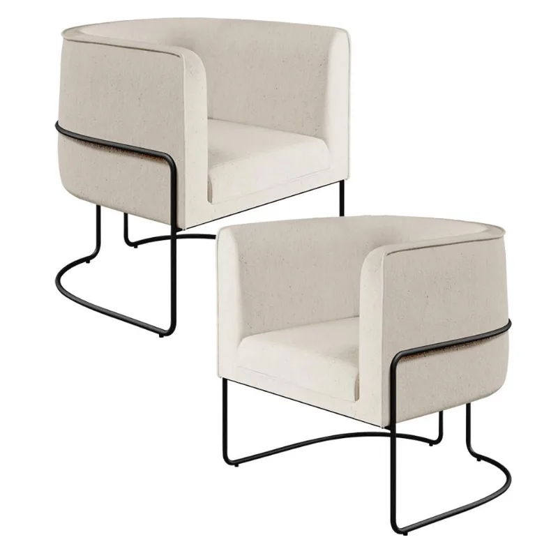 Kit 02 Poltronas Decorativas Fixa Base de Aço Preto Betina D02 Linho Bege C-443 - Lyam Decor - Lyam Decor