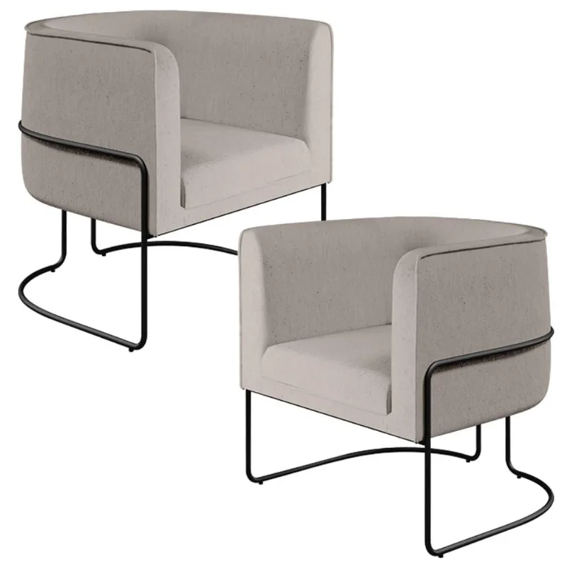 Kit 02 Poltronas Decorativas Fixa Base de Aço Preto Betina D02 Linho Bege C-107 - Lyam Decor - Lyam Decor