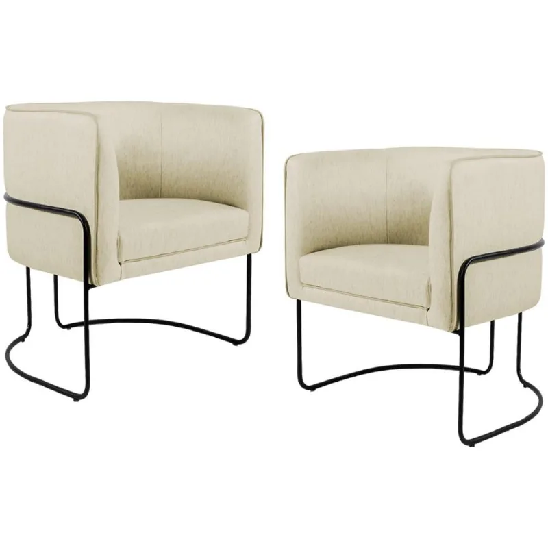 Kit 02 Poltronas Decorativas Fixa Base de Aço Preto Betina D02 Linho Bege C-129 - Lyam Decor - Lyam Decor