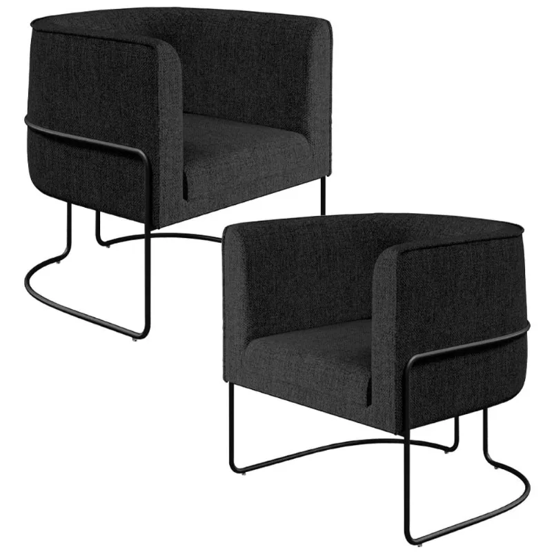 Kit 02 Poltronas Decorativas Fixa Base de Aço Preto Betina D02 Linho Chumbo D-465 - Lyam Decor - Lyam Decor