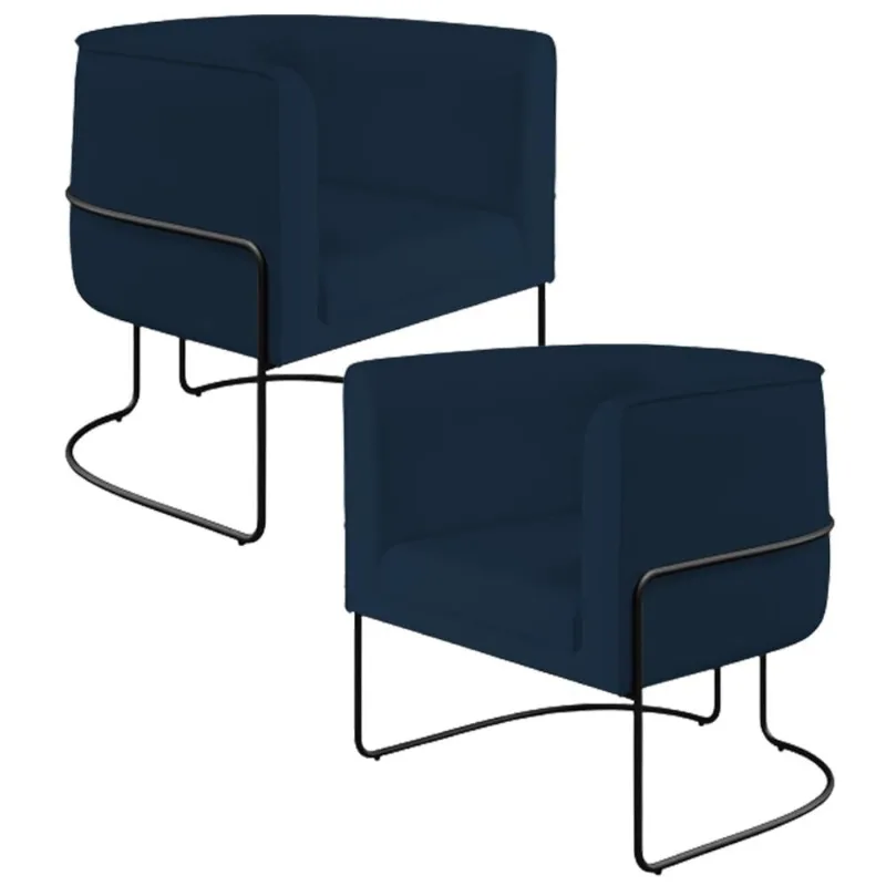 Kit 02 Poltronas Decorativas Fixa Base de Aço Preto Betina D02 Veludo Azul Oxford C-304 - Lyam Decor - Lyam Decor