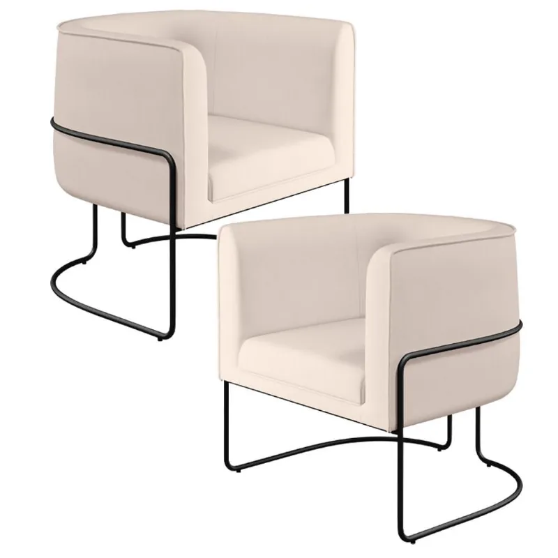 Kit 02 Poltronas Decorativas Fixa Base de Aço Preto Betina D02 Veludo Bege C-309 - Lyam Decor - Lyam Decor