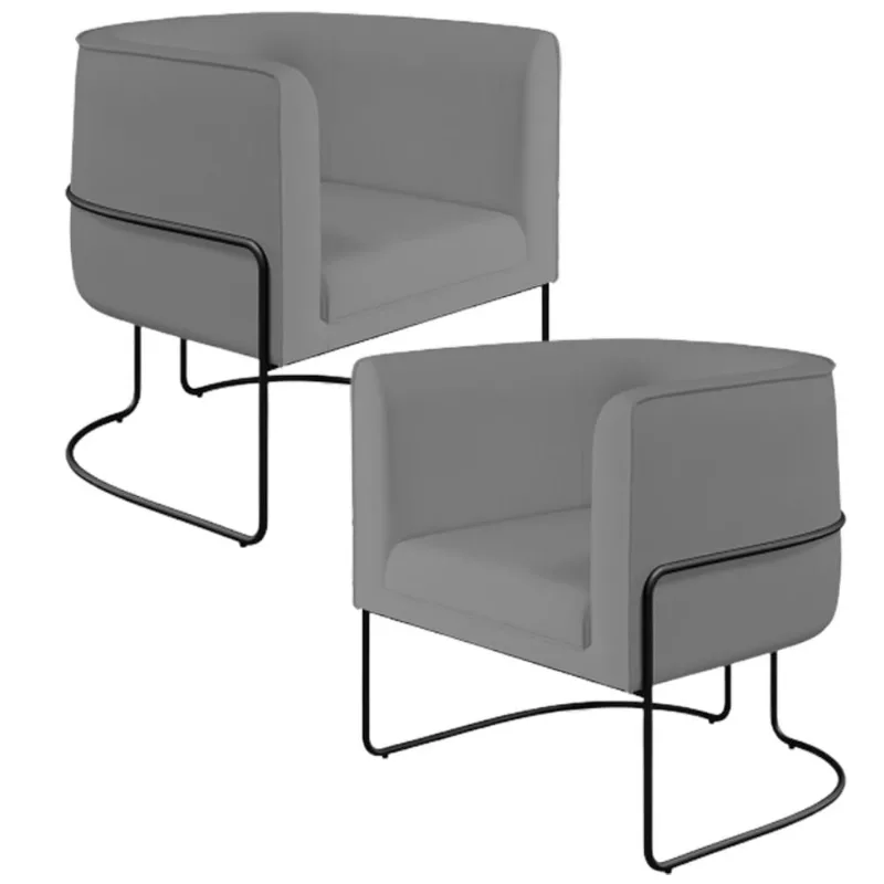 Kit 02 Poltronas Decorativas Fixa Base de Aço Preto Betina D02 Veludo Cinza C-317 - Lyam Decor - Lyam Decor