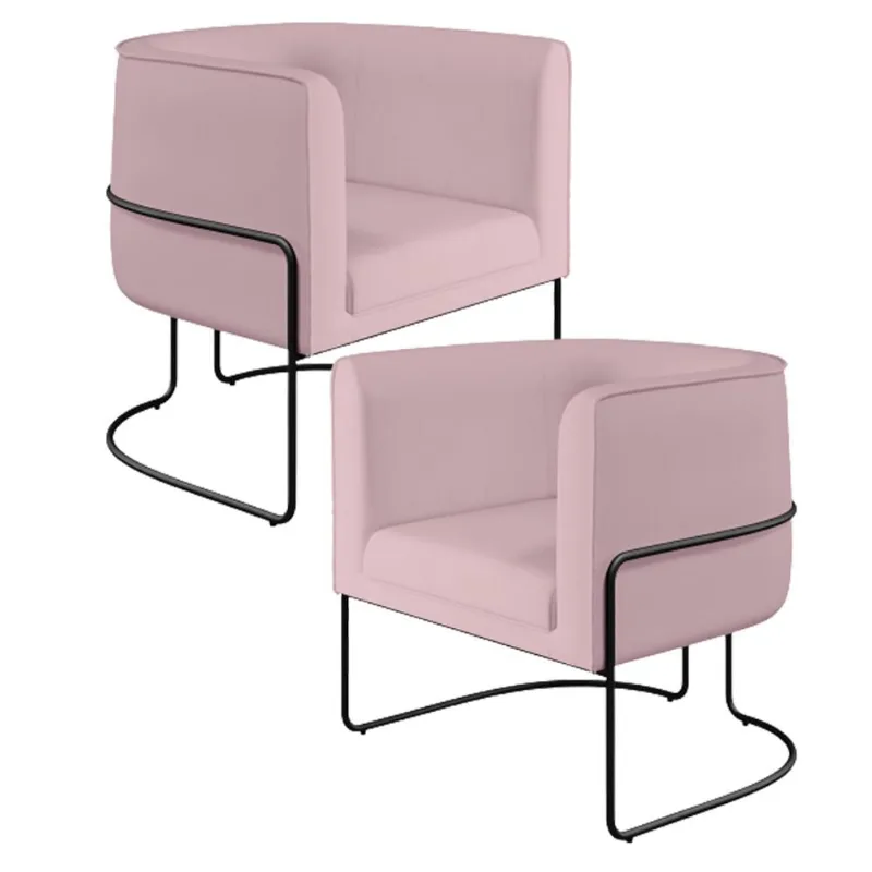 Kit 02 Poltronas Decorativas Fixa Base de Aço Preto Betina D02 Veludo Rosê C-305 - Lyam Decor - Lyam Decor