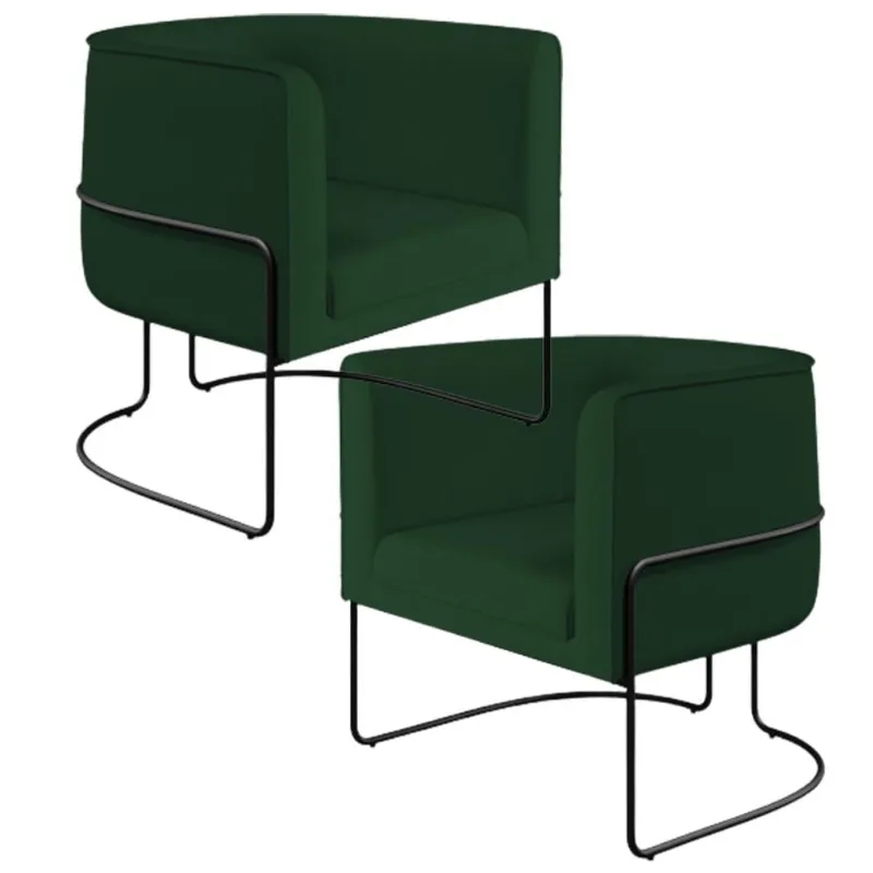 Kit 02 Poltronas Decorativas Fixa Base de Aço Preto Betina D02 Veludo Verde Musgo C-303 - Lyam Decor - Lyam Decor