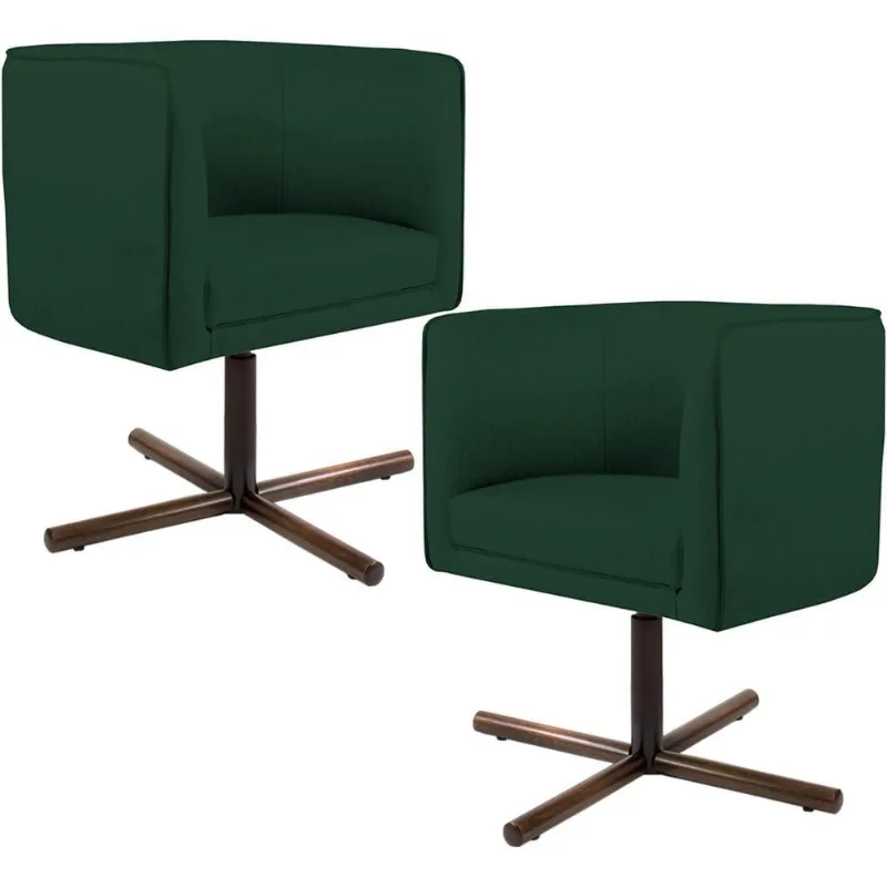 Kit 02 Poltronas Decorativas Giratória Base X Betina D02 Linho Verde Musgo C-117 - Lyam Decor - Lyam Decor
