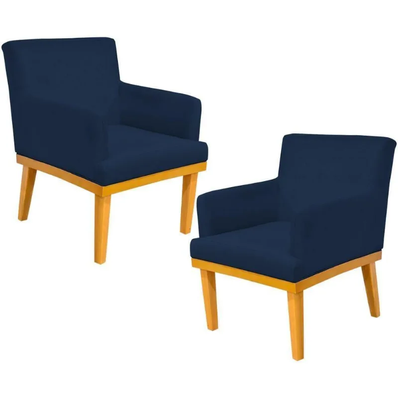 Kit 02 Poltronas Base Mel Beatriz W01 Suede Azul Marinho