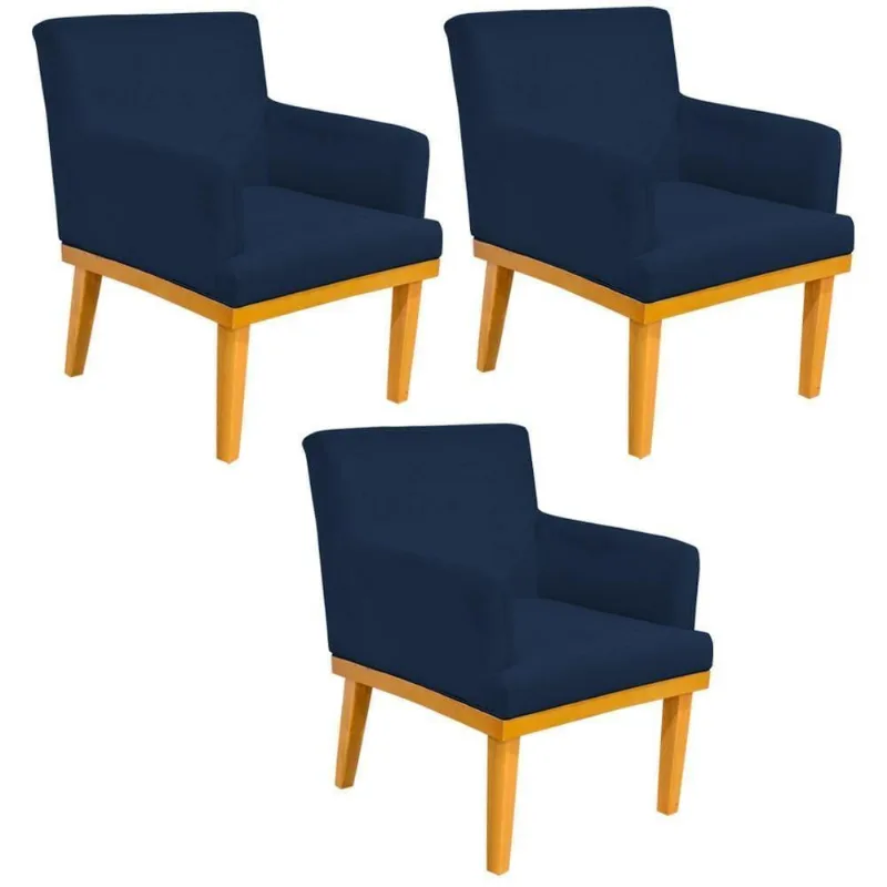 Kit 03 Poltronas Base Mel Beatriz W01 Suede Azul Marinho