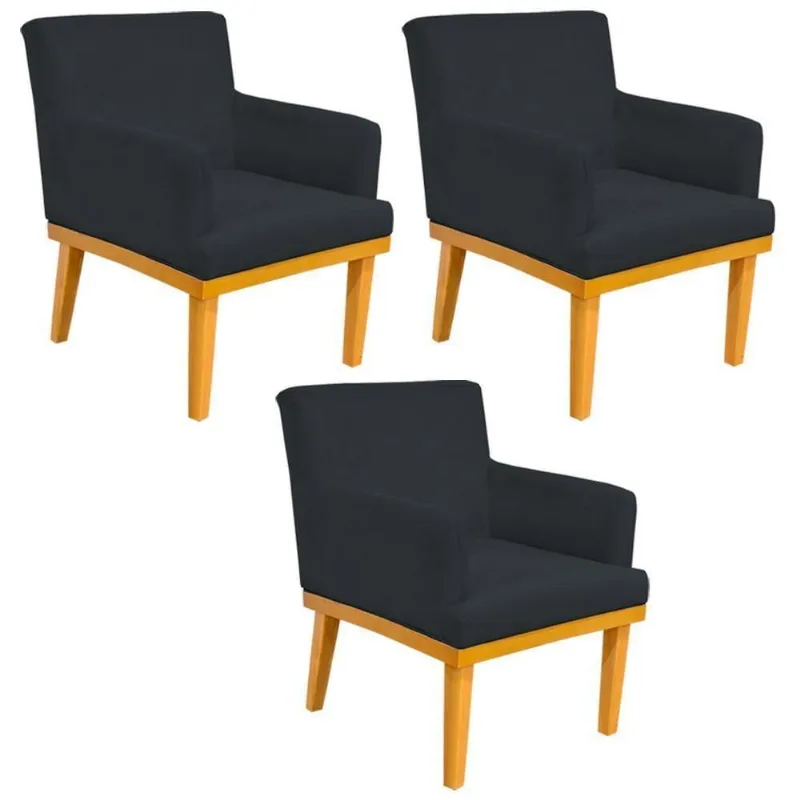 Kit 03 Poltronas Base Mel Beatriz W01 Suede Preto