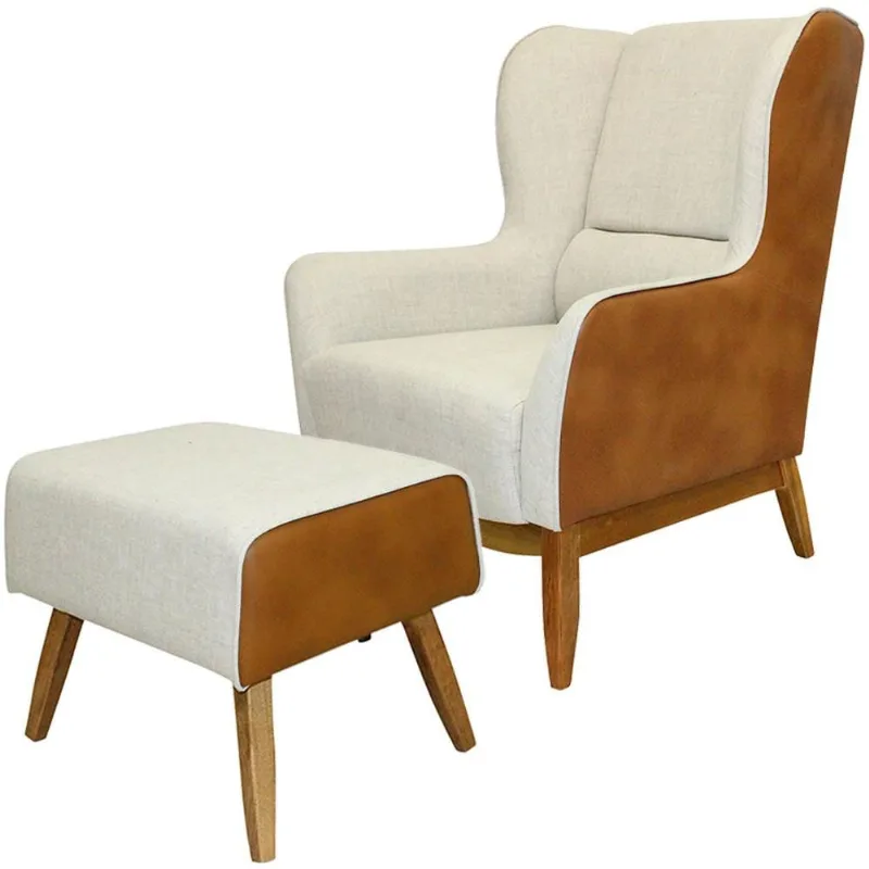 Kit Poltrona Decorativa Milena com Puff Viseo D02 Linho Bege A-184 Corano Marrom - Lyam Decor - Lyam Decor