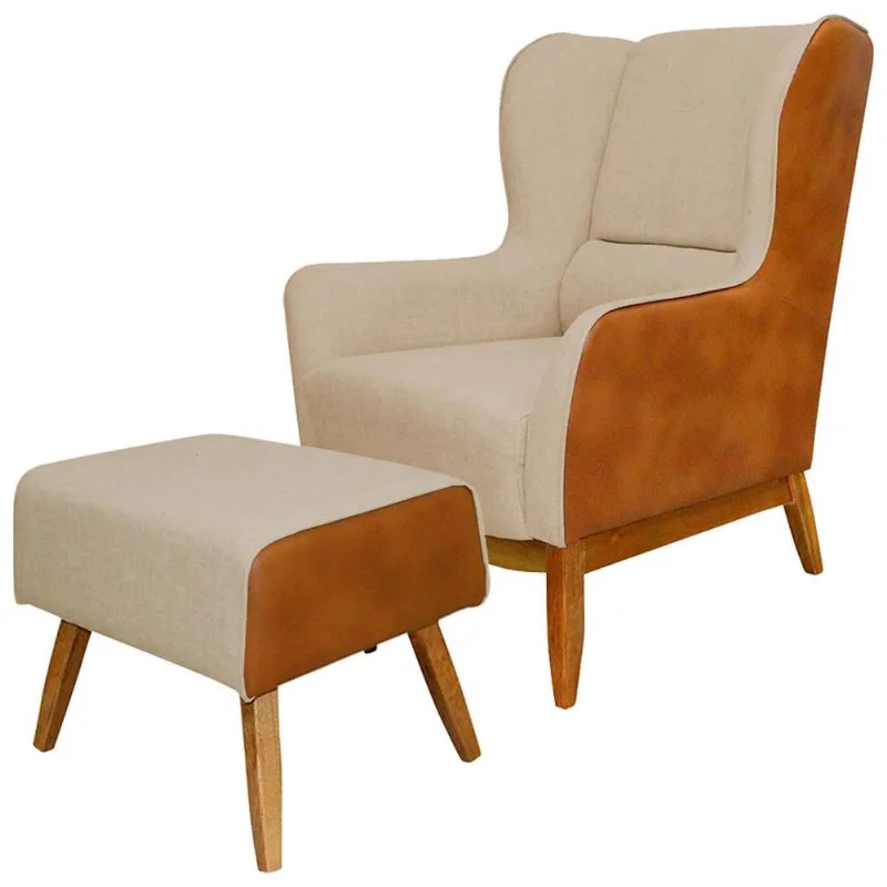 Kit Poltrona Decorativa Milena com Puff Viseo D02 Linho Bege C-129 Corano Marrom - Lyam Decor - Lyam Decor