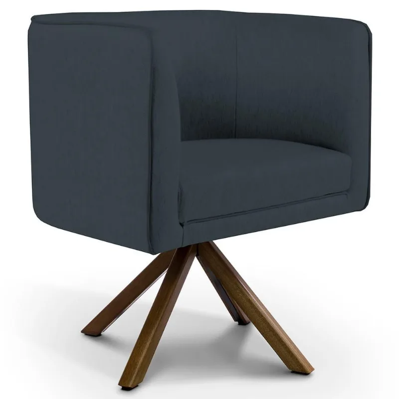Poltrona Decorativa Base Giratória de Madeira Betina D02 Linho Chumbo D-465 - Lyam Decor - Lyam Decor