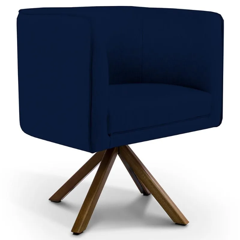 Poltrona Decorativa Base Giratória de Madeira Betina D02 Veludo Azul Oxford C-304 - Lyam Decor - Lyam Decor