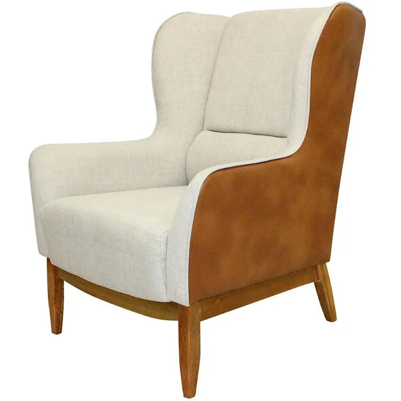 Poltrona Decorativa Fixa Base de Madeira Milena D02 Linho Bege A-184 Corano Marrom - Lyam Decor - Lyam Decor