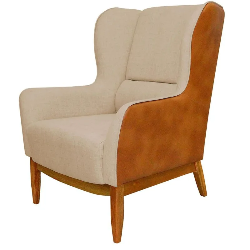Poltrona Decorativa Fixa Base de Madeira Milena D02 Linho Bege C-129 Corano Marrom - Lyam Decor - Lyam Decor