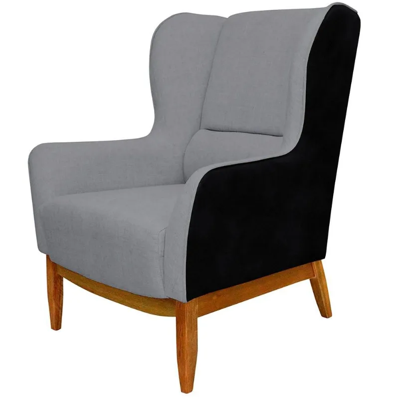 Poltrona Decorativa Fixa Base de Madeira Milena D02 Linho Cinza C-416 Corano Preto - Lyam Decor - Lyam Decor