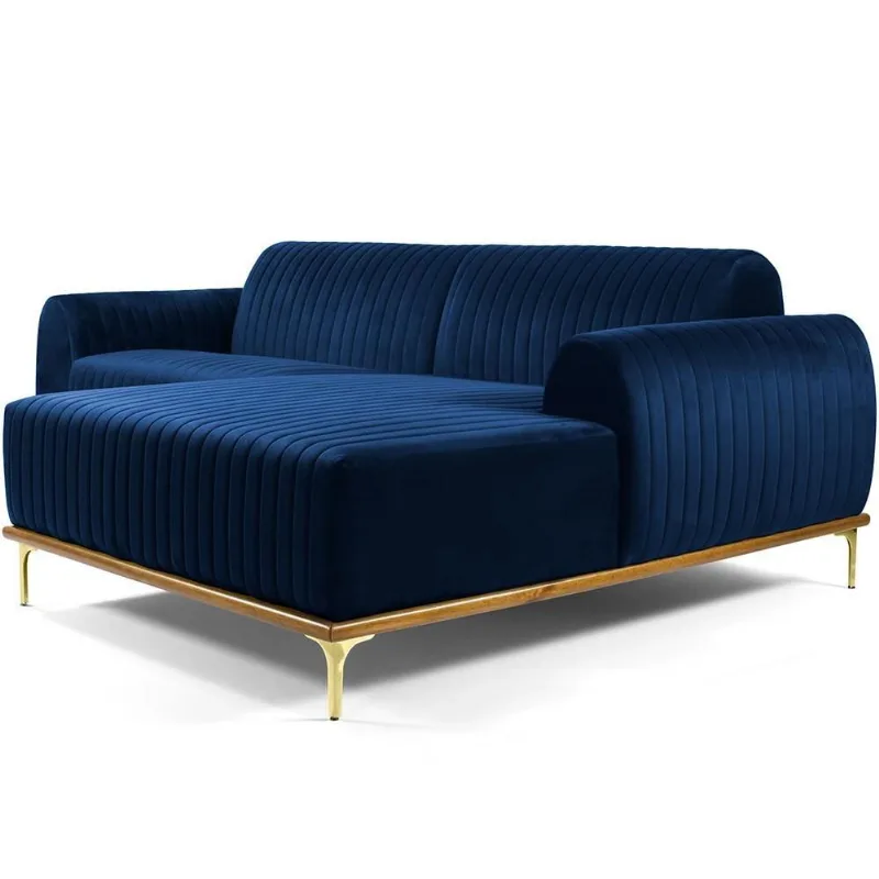 Sofá 3 Lugares com Chaise Direito Para Sala Molino 230 cm D02 Veludo Azul Oxford C-304 -Lyam Decor - Lyam Decor