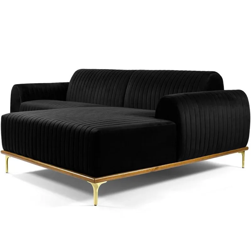 Sofá 3 Lugares com Chaise Direito Para Sala Molino 230 cm D02 Veludo Preto C-300 -Lyam Decor - Lyam Decor